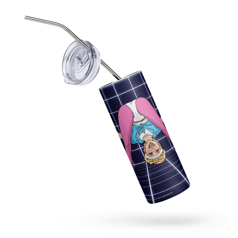 Front View of Graphic Drink Tumbler with Illustration of Olivia Newton-John from her Physical Music Video