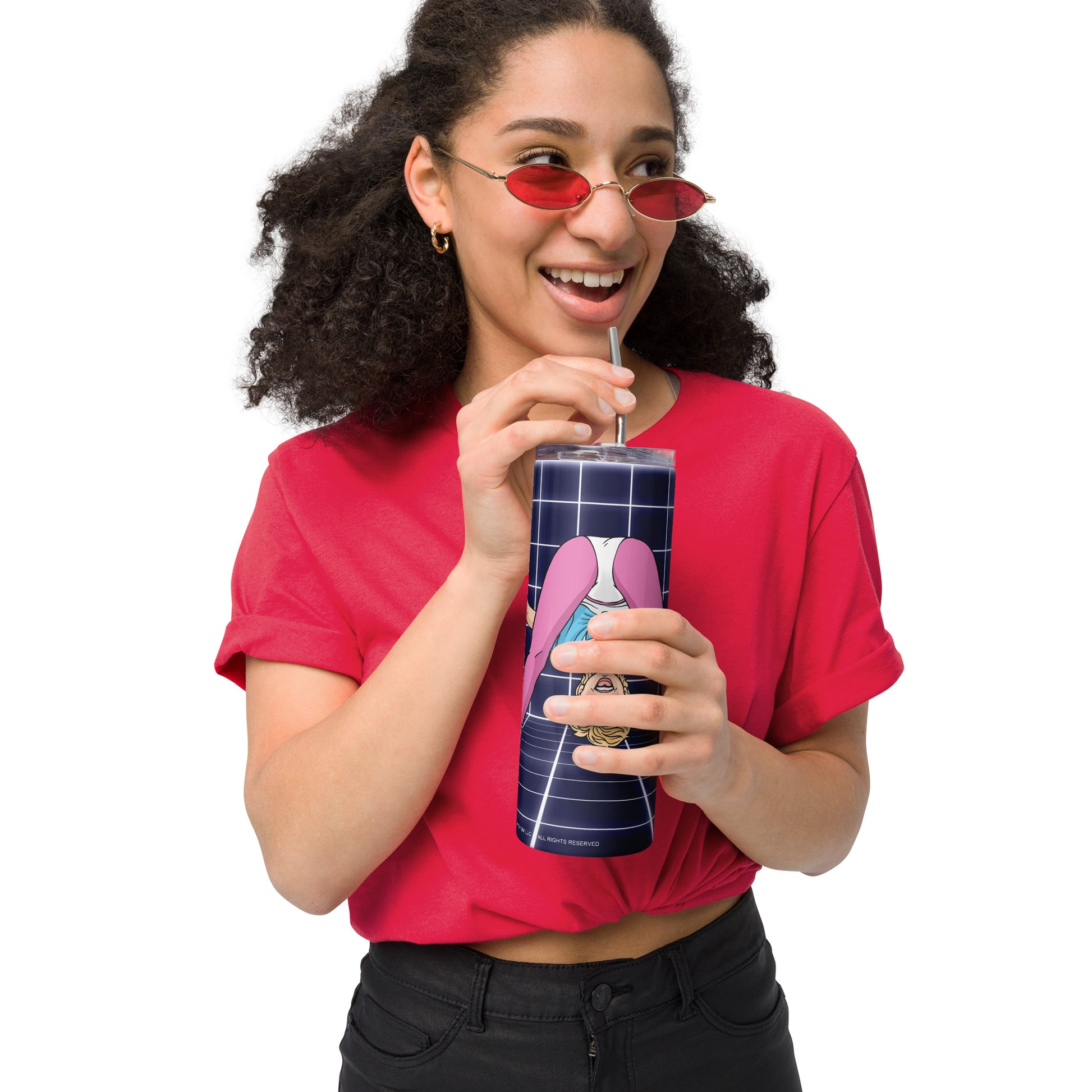 Woman Holding Graphic Drink Tumbler with Illustration of Olivia Newton-John from her Physical Music Video