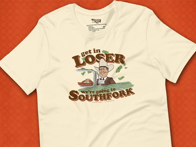 Graphic T-Shirt Spoofing the Movie Mean Girls with a Cartoon of TV Series Dallas JR Ewing