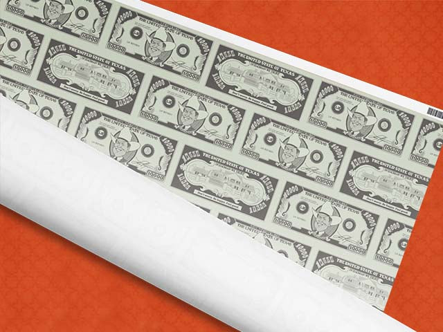Front view of money-themed wrapping paper roll with Larry Hagman as JR Ewing of Dallas TV Series