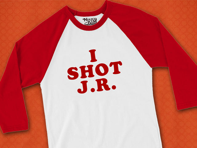 Red and White Raglan Shirt with Bold Statement Inspired by TV Series Dallas Cliffhanger Who Shot JR