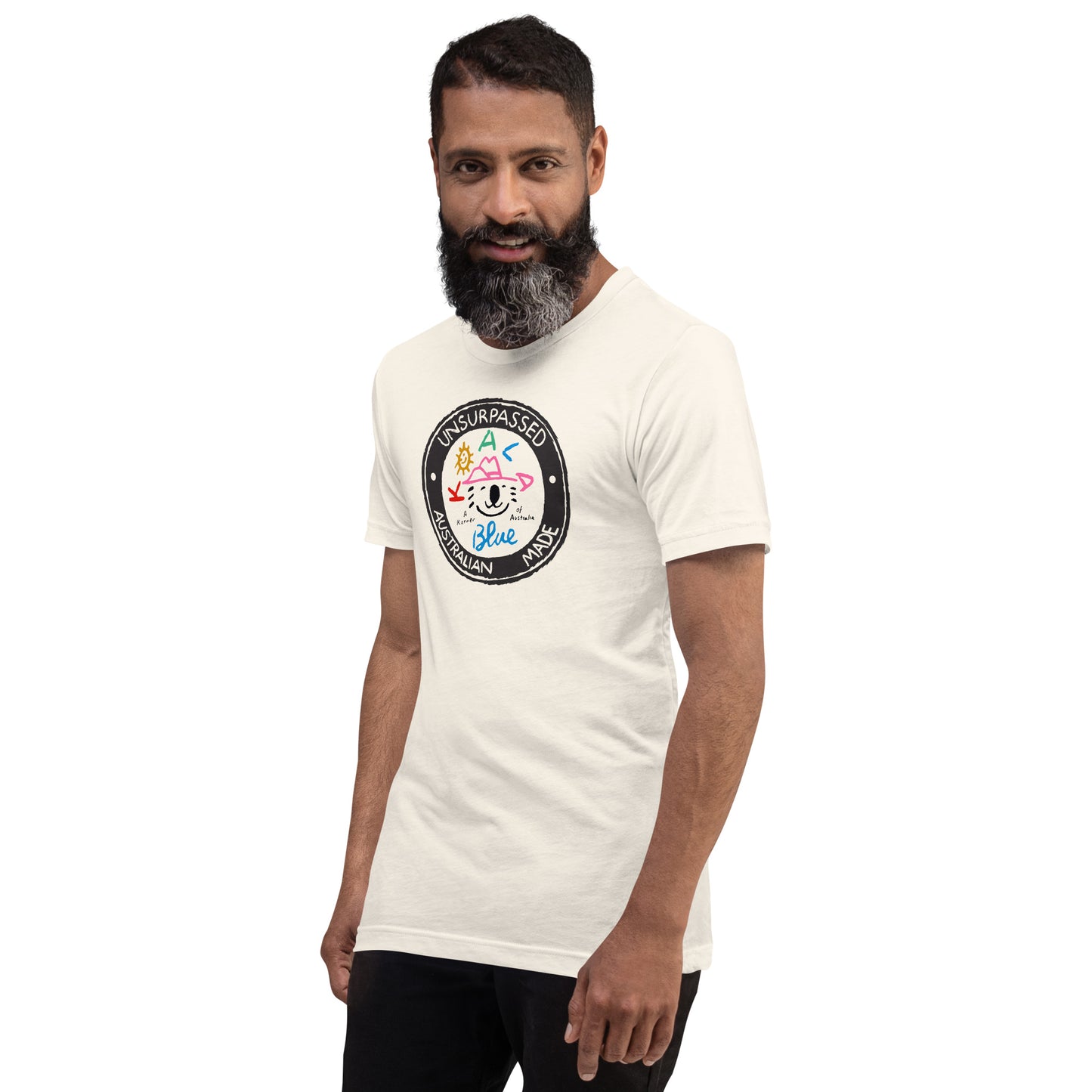 Man Wearing Graphic T-Shirt with Koala Blue Unsurpassed Australian Made Inspired by Olivia Newton-John’s 1980’s Clothing Brand