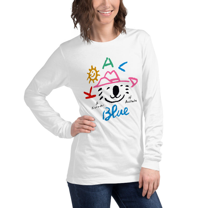 Woman Wearing Graphic Long Sleeve T-Shirt with Koala Blue Logo Inspired by Olivia Newton-John’s 1980’s Clothing Brand