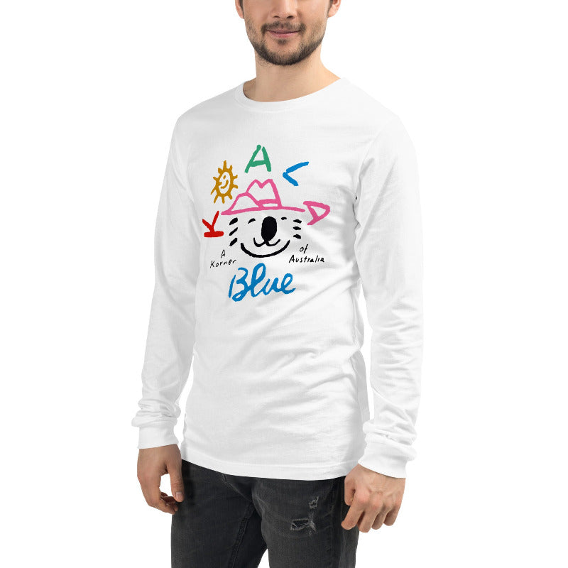Man Wearing Graphic Long Sleeve T-Shirt with Koala Blue Logo Inspired by Olivia Newton-John’s 1980’s Clothing Brand
