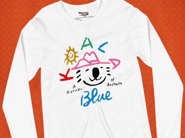 Graphic Long Sleeve T-Shirt with Koala Blue Logo Inspired by Olivia Newton-John’s 1980’s Clothing Brand