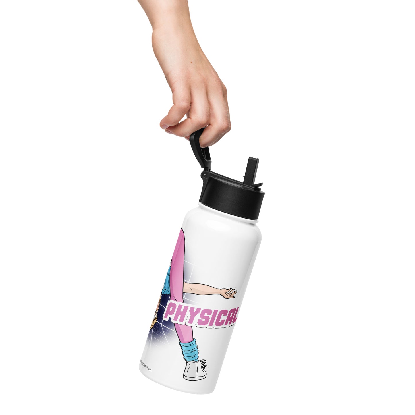 Side View of Graphic Water Bottle with Illustration of Olivia Newton-John from her Physical Music Video