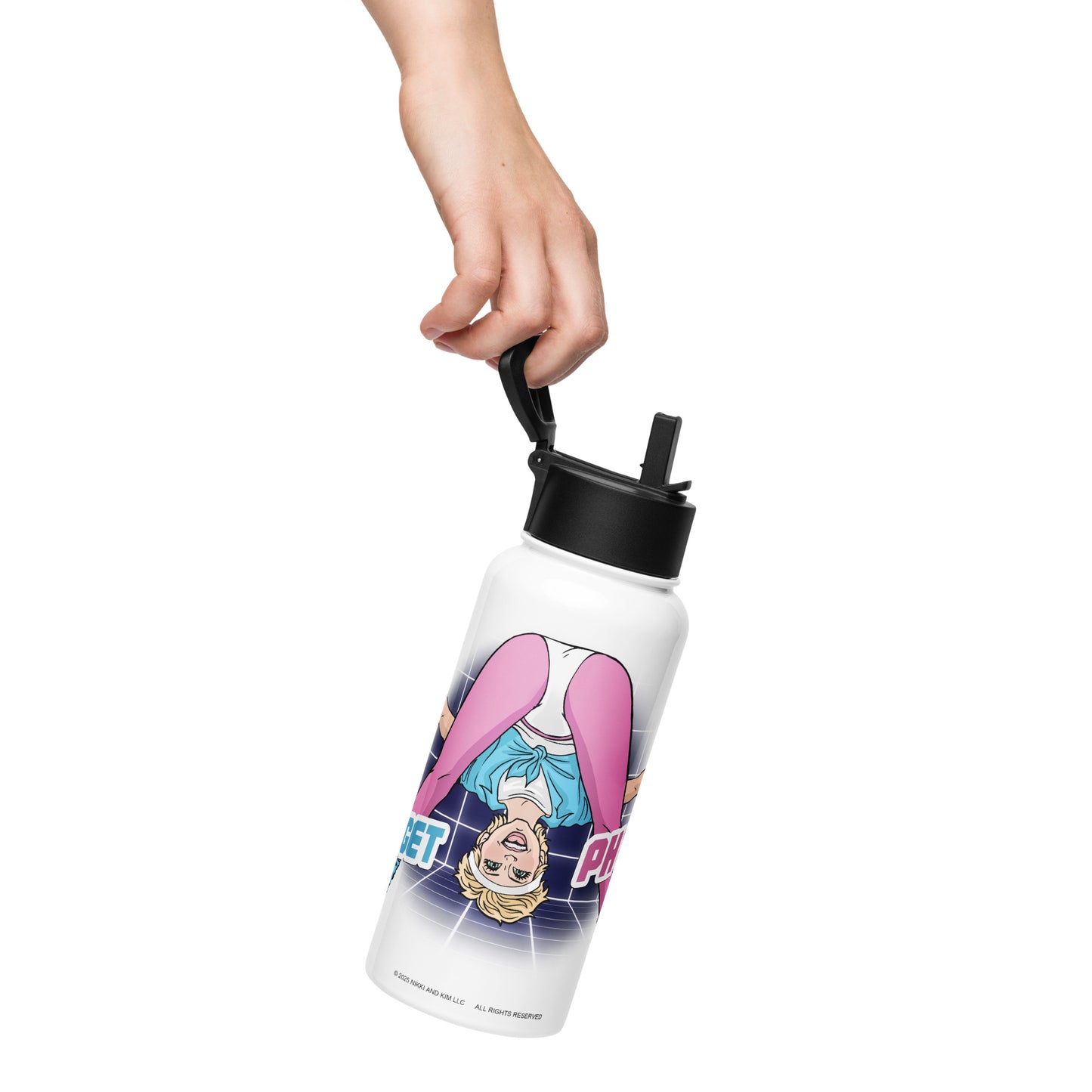 Graphic Water Bottle with Illustration of Olivia Newton-John from her Physical Music Video
