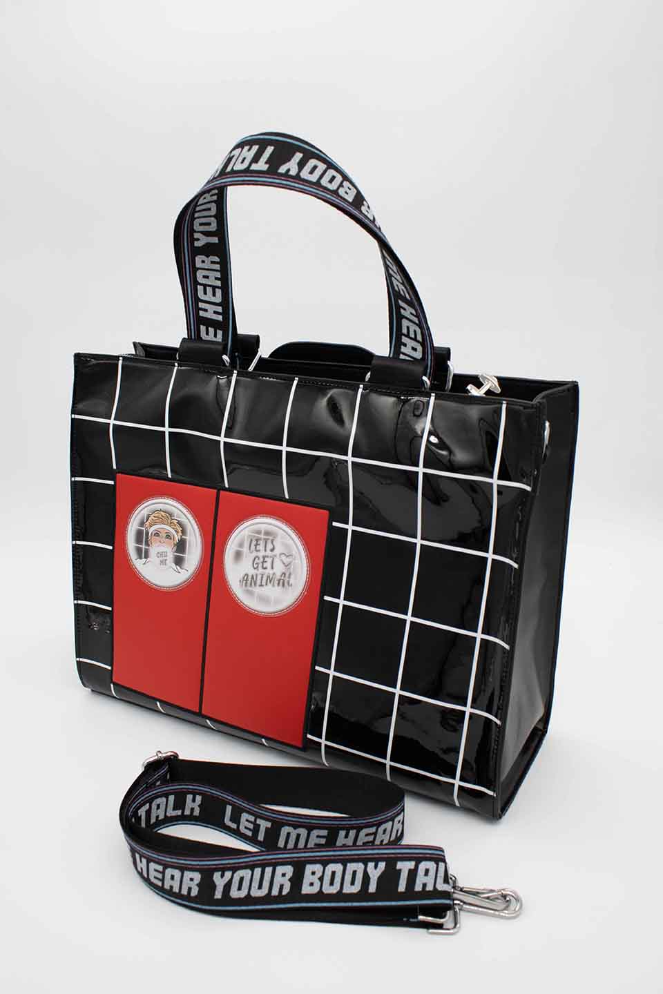 Back of Graphic Tote Bag with Olivia Newton-John Illustration and Physical Let Me Hear Your Body Talk Lyrics