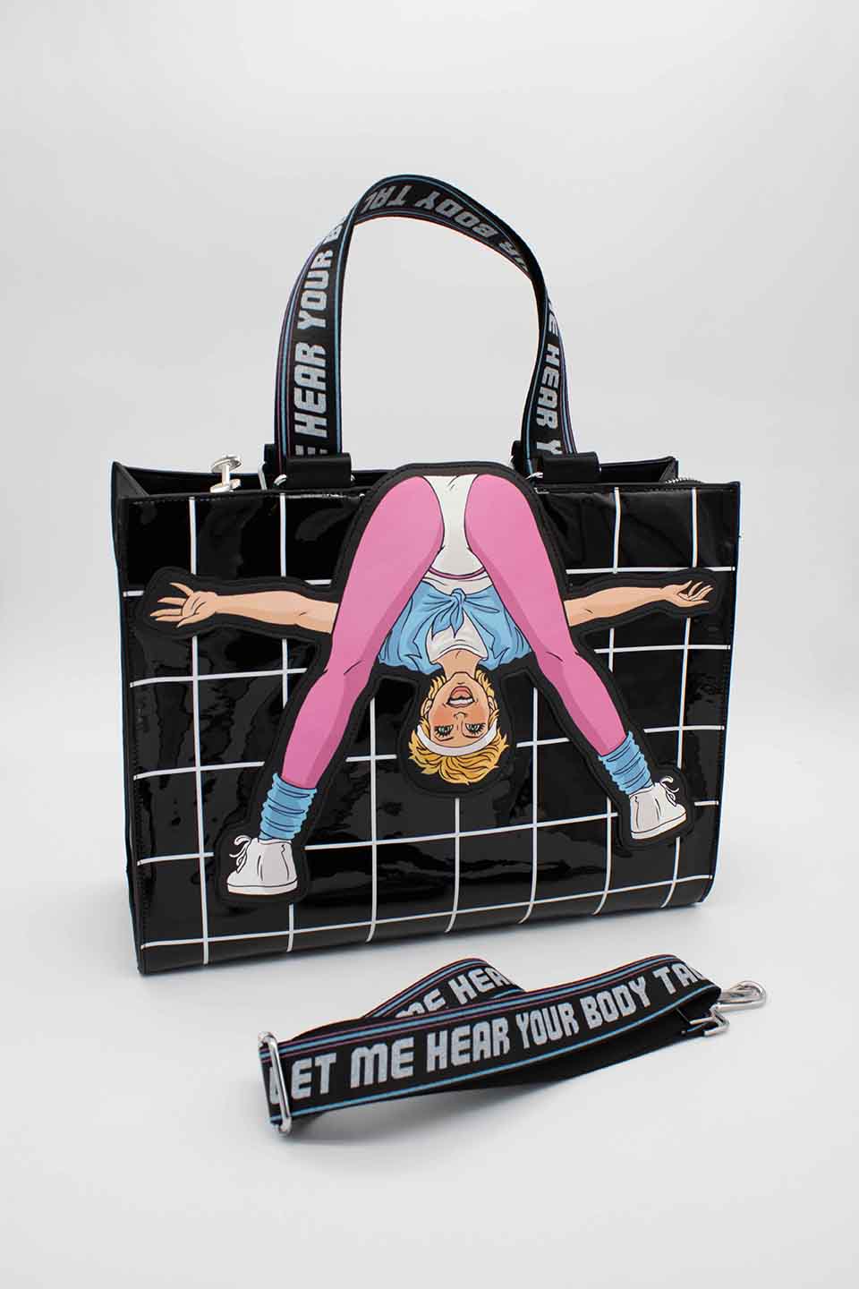 Graphic Tote Bag with Olivia Newton-John Illustration and Physical Let Me Hear Your Body Talk Lyrics and Removable Shoulder Strap