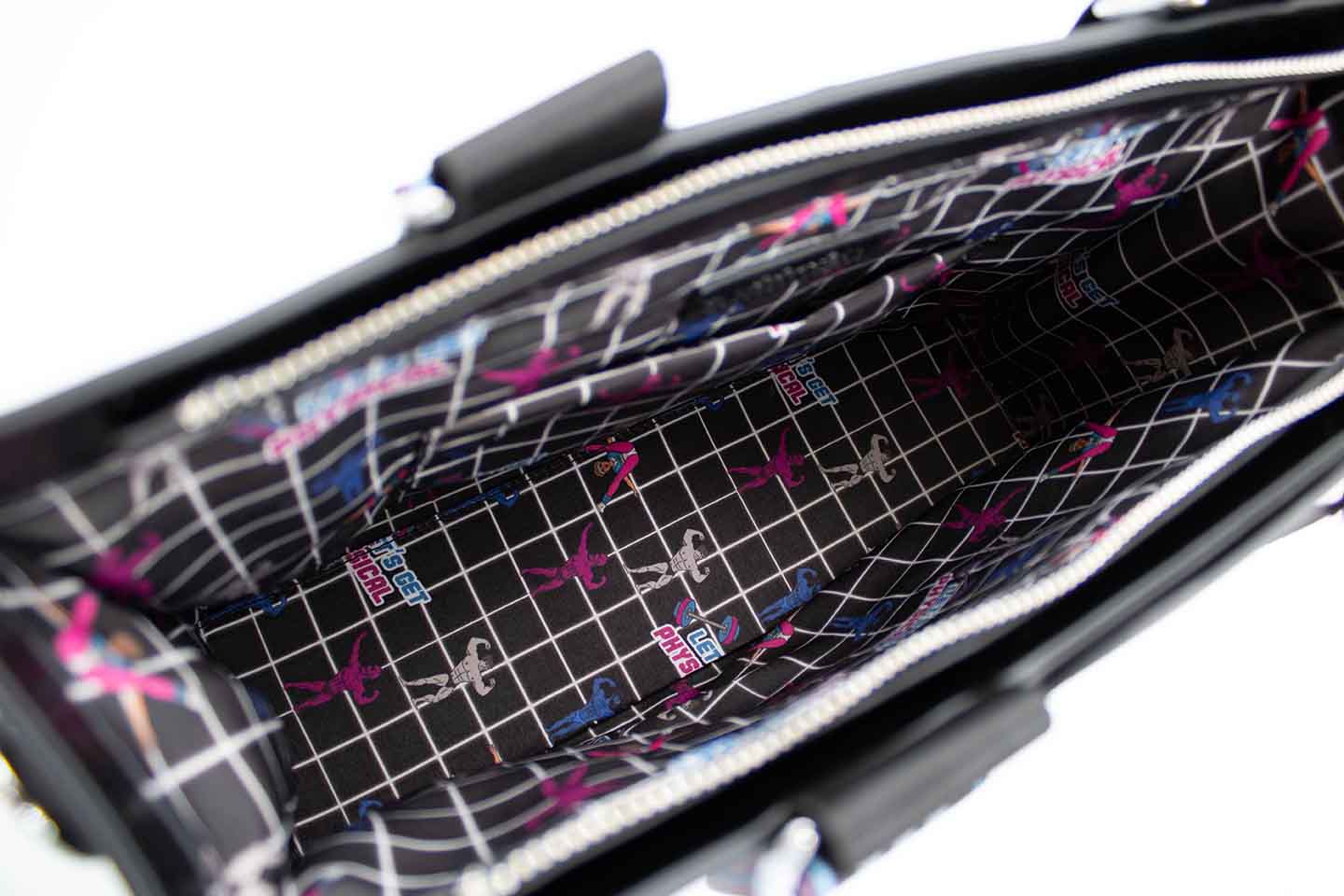 Interior of Graphic Tote Bag with Olivia Newton-John Illustration and Physical Let Me Hear Your Body Talk Lyrics