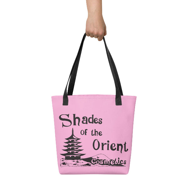 Hand Holding Pink and Black Tote Bag Inspired by TV Series The Nanny Shades of the Orient Cosmetics Makeup Case