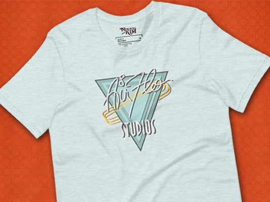 Front View of Graphic T-Shirt with Air Flo Studios Logo Inspired by the Olivia Newton-John 80’s Roller Disco Movie