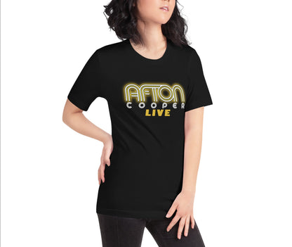 Woman Wearing T-Shirt of Dallas TV Series Afton Cooper Live Logo