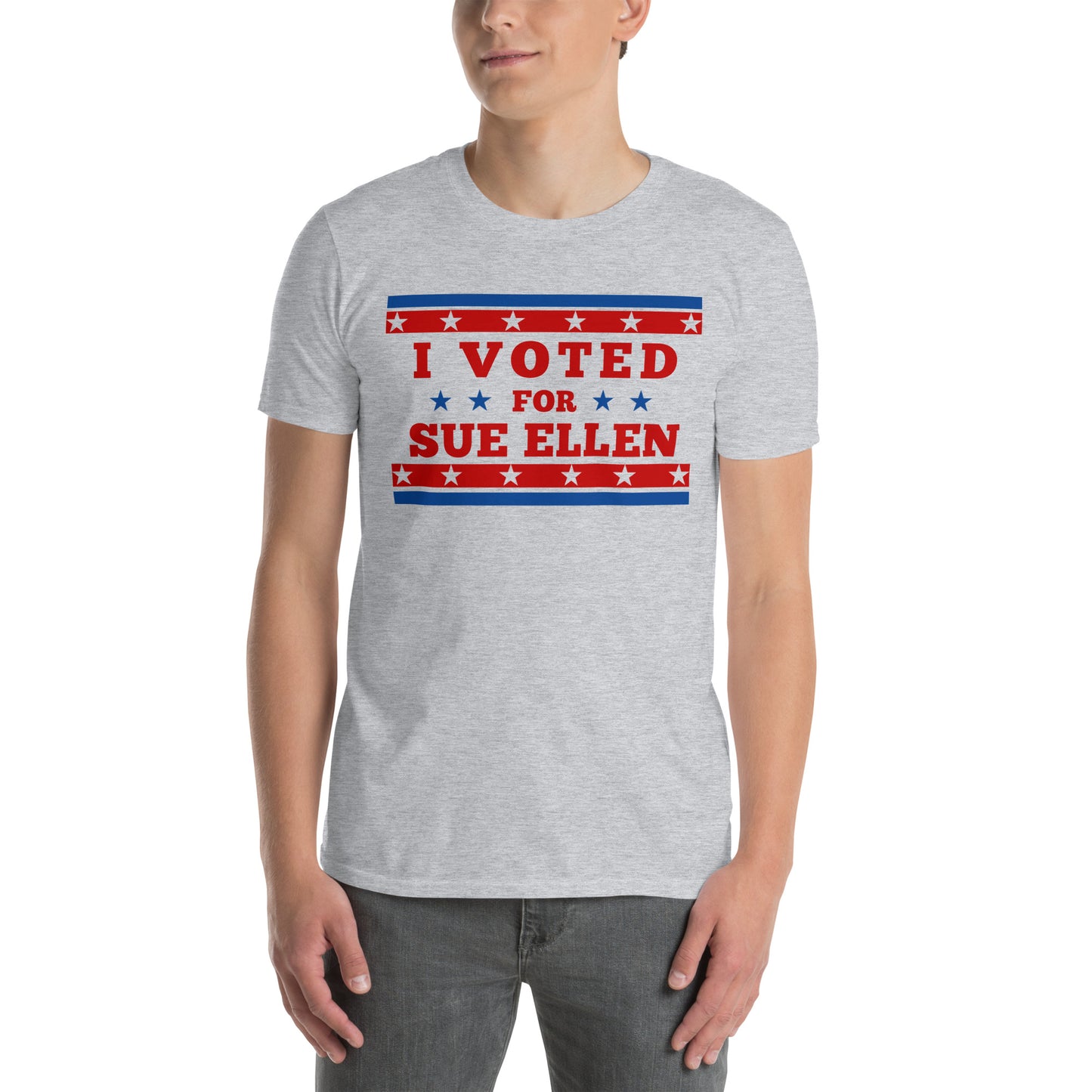 Man Wearing Grey Election T-Shirt with I Voted For Sue Ellen Ewing of Dallas TV Series