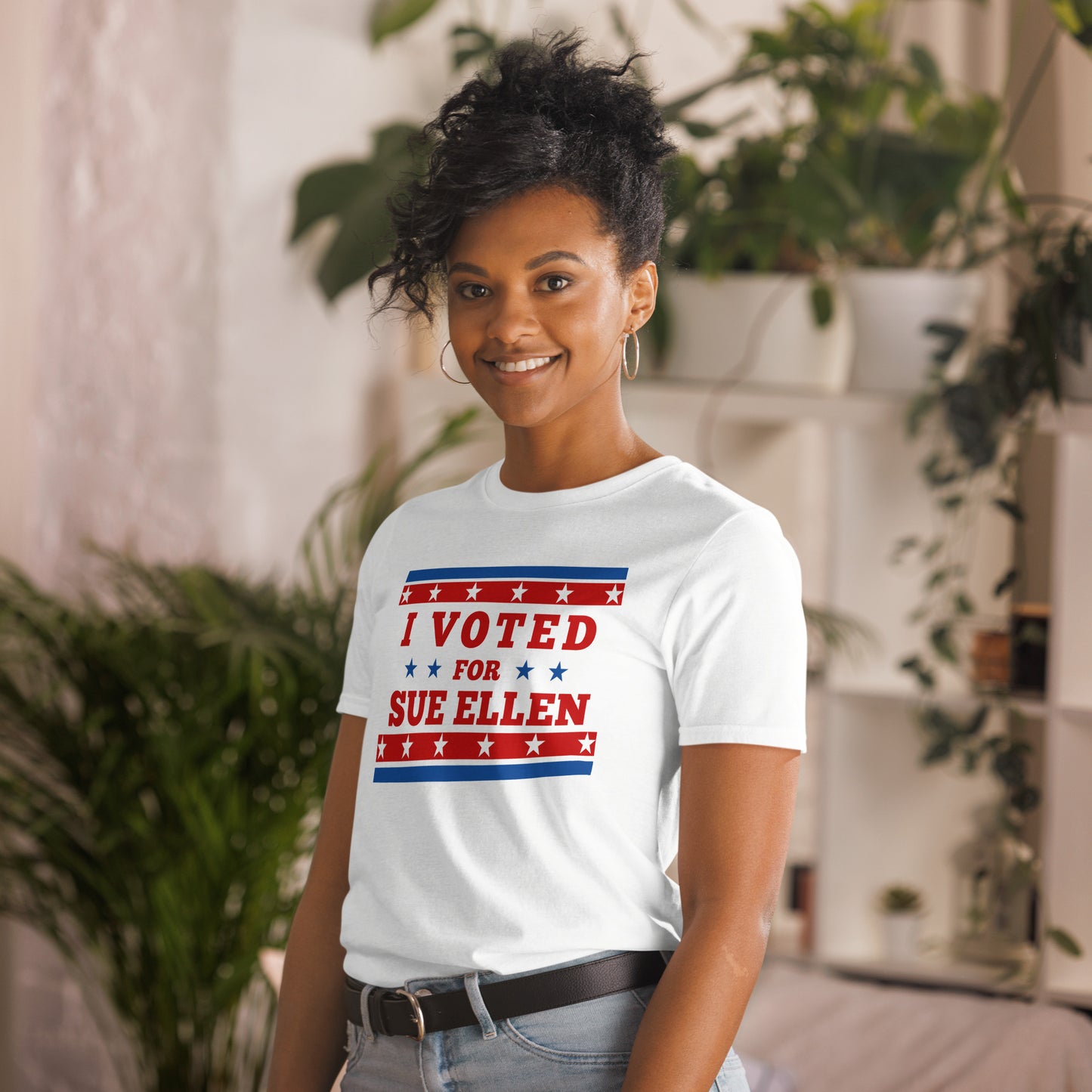 Woman Wearing White Election T-Shirt with I Voted For Sue Ellen Ewing of Dallas TV Series