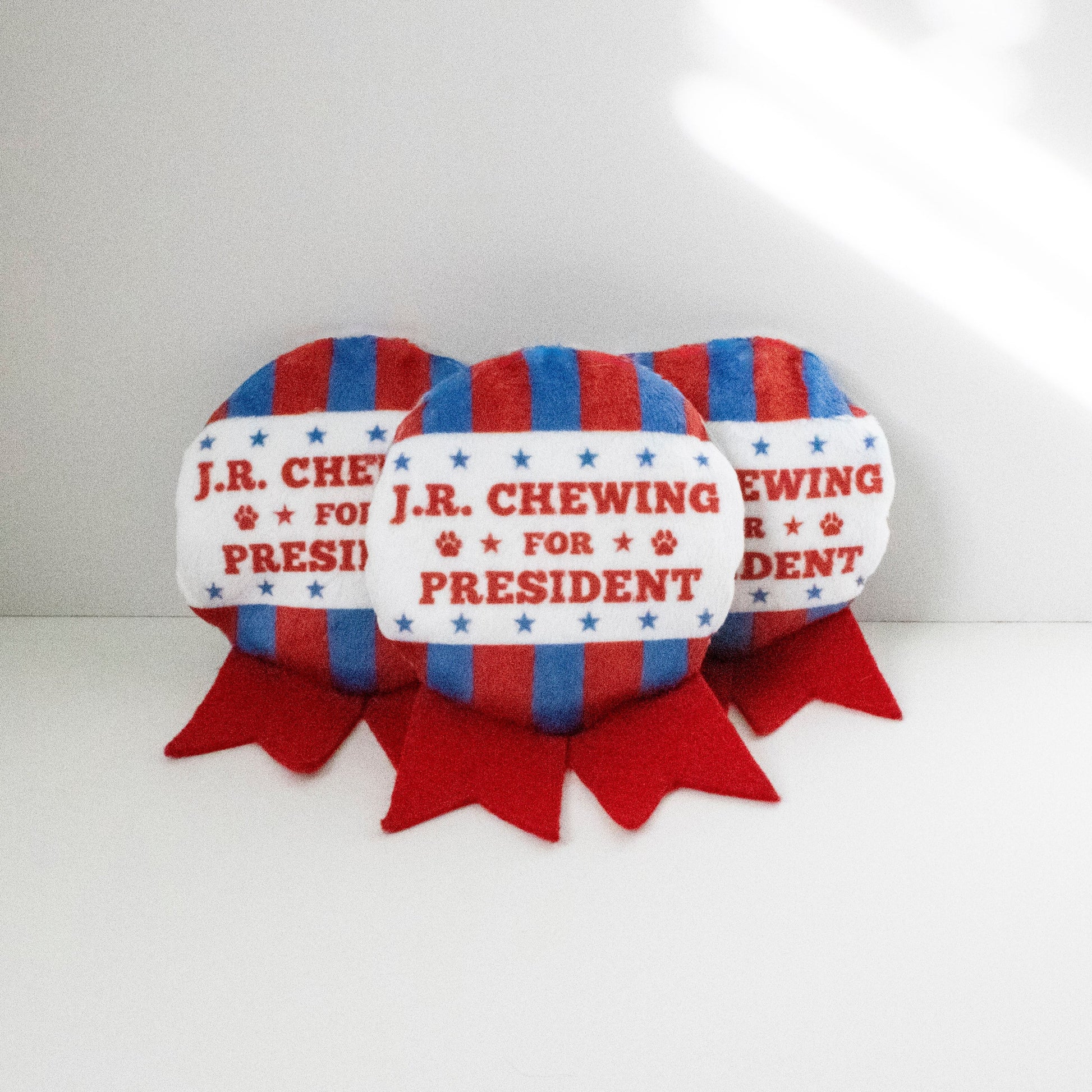 Election Campaign Button Dog Toy Set of 3 with JR Chewing For President of Dallas TV Series