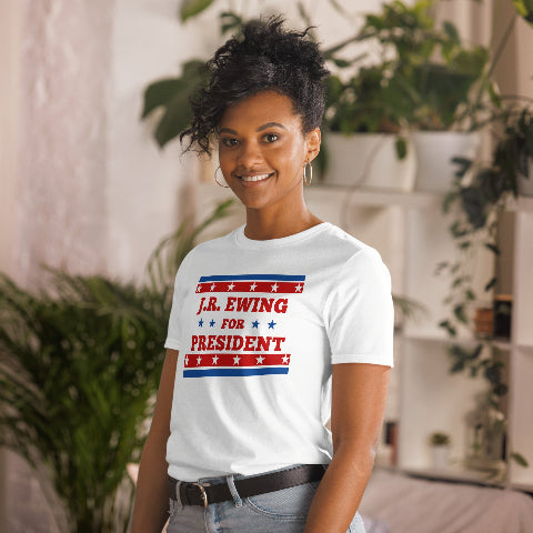 Woman Wearing White Election T-Shirt with JR Ewing For President of Dallas TV Series