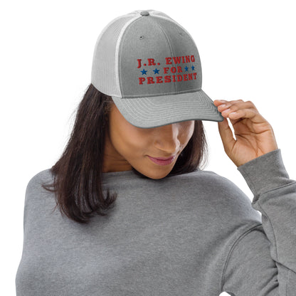 Woman Wearing Election Trucker Cap with JR Ewing For President of Dallas TV Series