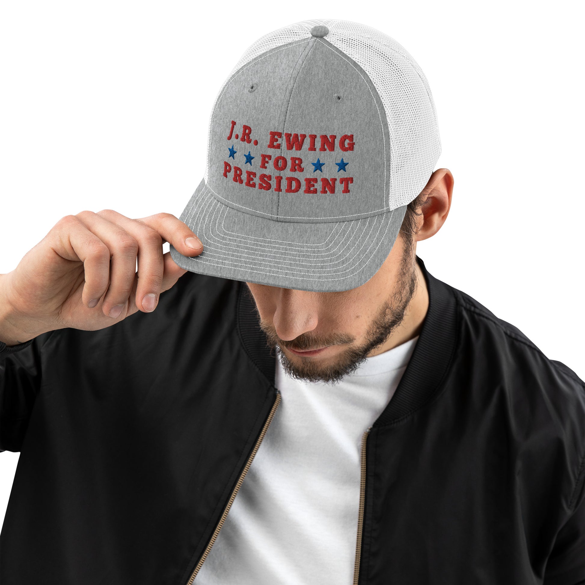 Man Wearing Election Trucker Cap with JR Ewing For President of Dallas TV Series