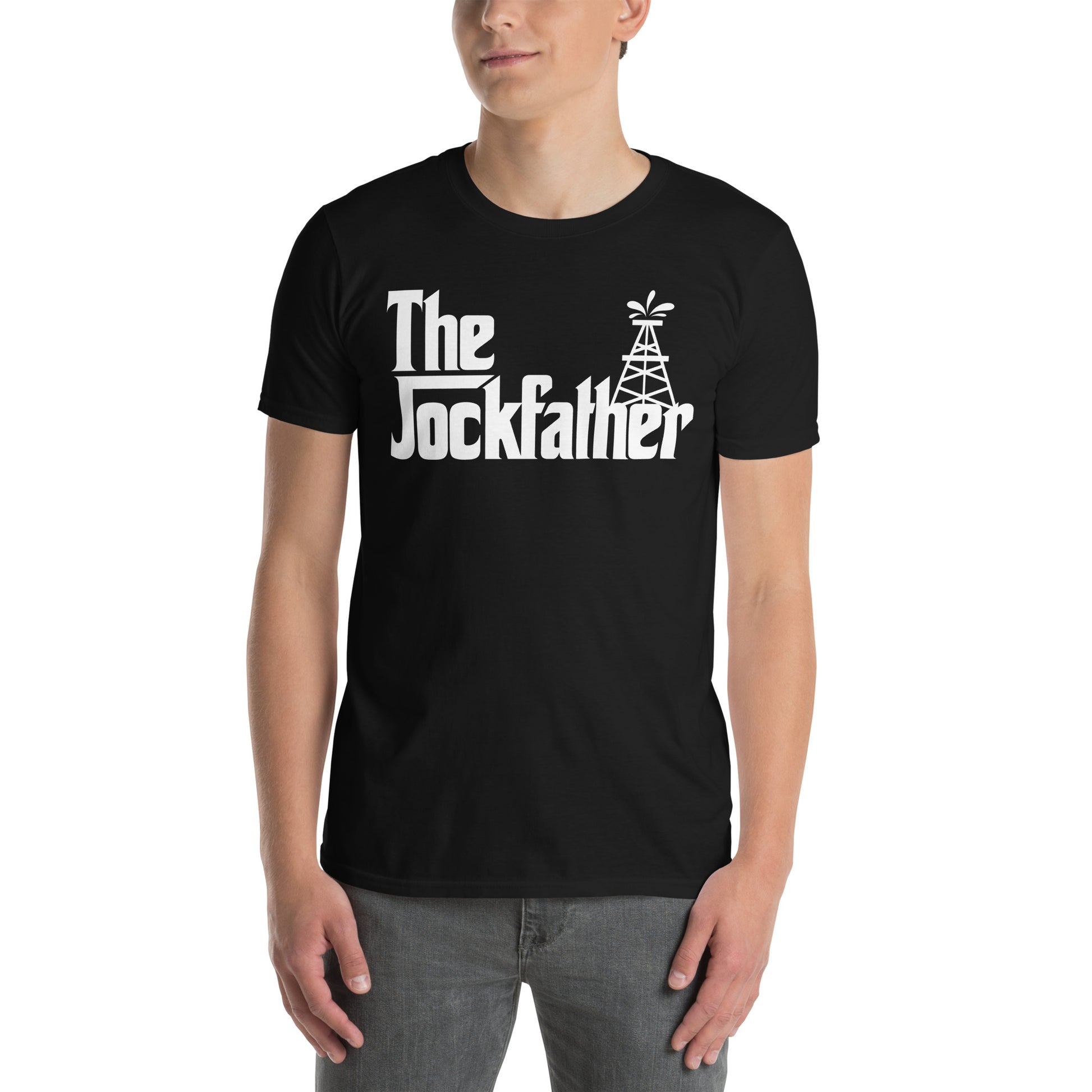 Man Wearing T-Shirt of Dallas TV Series Jock Ewing as the Jockfather with arms down