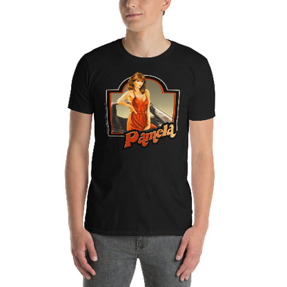 Man Wearing Graphic T-Shirt of Victoria Principal  as Dallas TV Series Pamela Barnes Ewing