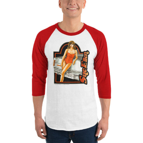 Man Wearing Graphic Raglan Shirt of Linda Gray as Dallas TV Series Sue Ellen Ewing