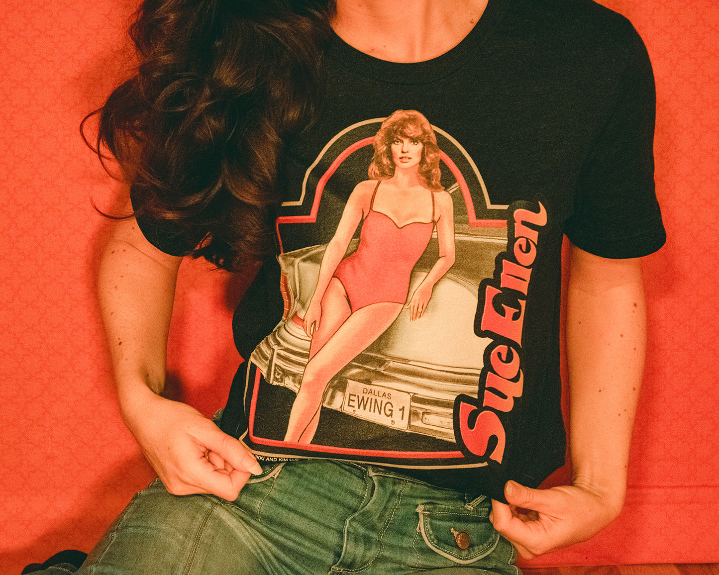 Woman Wearing Graphic T-Shirt of Linda Gray as Dallas TV Series Sue Ellen Ewing