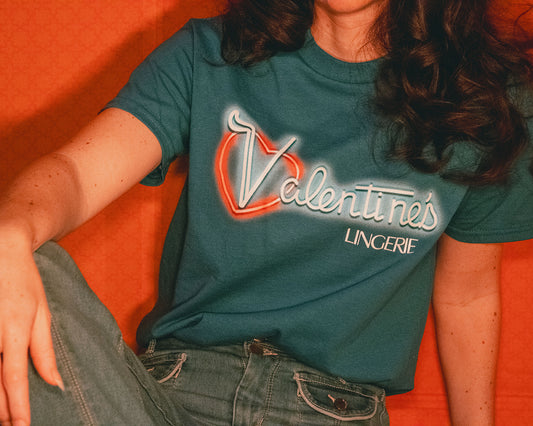 Woman Wearing T-Shirt of Dallas TV Series Sue Ellen Ewing’s Valentine’s Lingerie