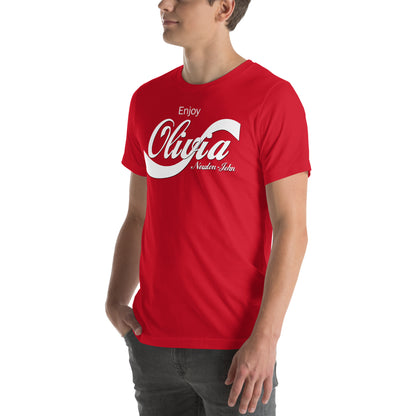 Man Wearing Slogan T-Shirt of Enjoy Olivia Newton-John in Retro Soda Style