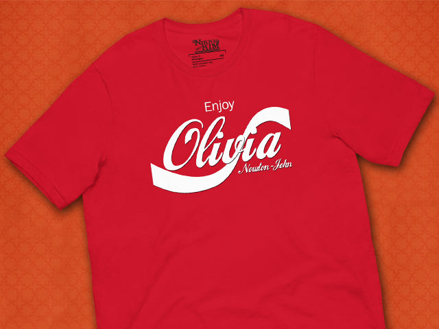 Slogan T-Shirt of Enjoy Olivia Newton-John in Retro Soda Style