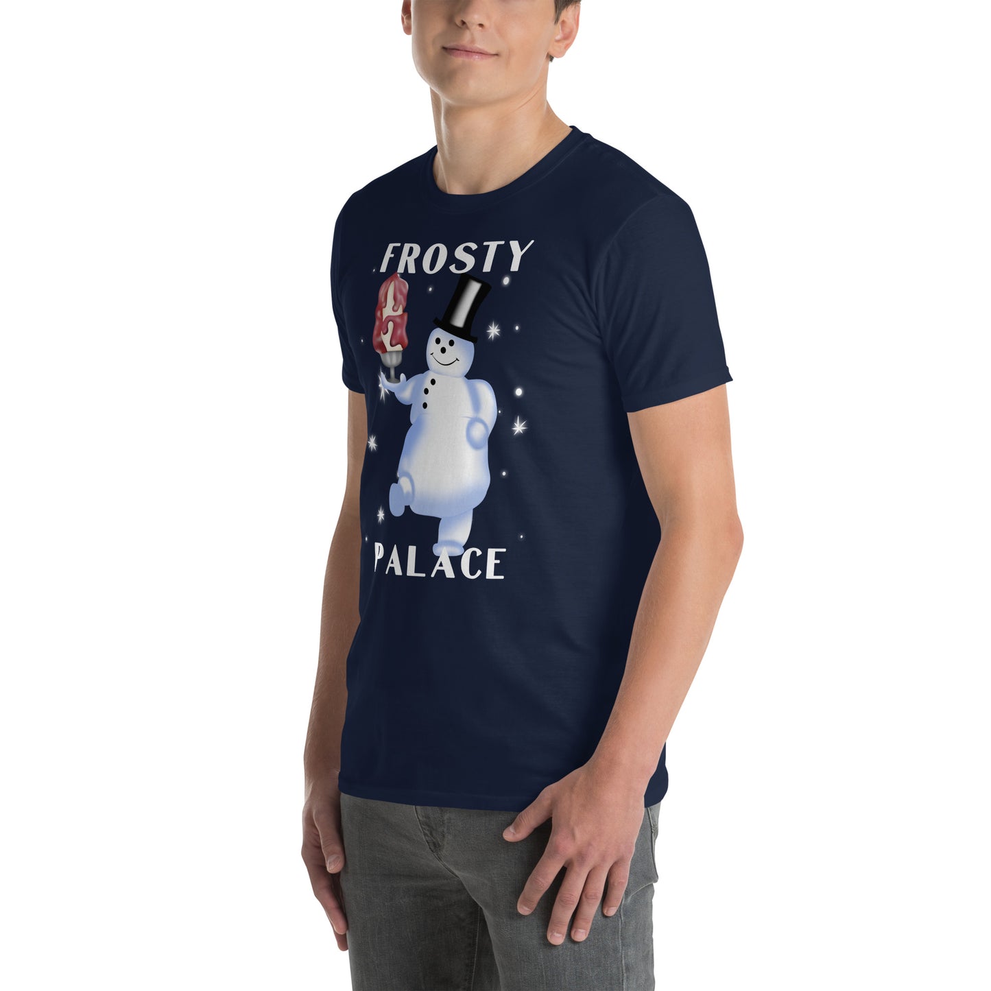 Man Wearing Graphic T-Shirt of Grease Movie Frosty Palace Diner Snowman Logo