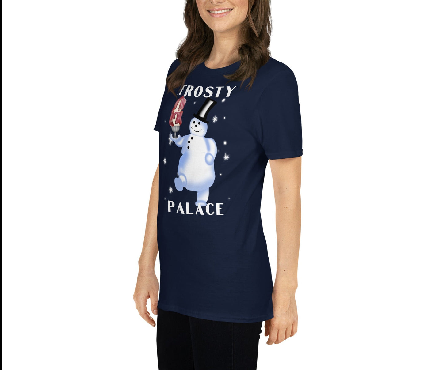 Woman Wearing Graphic T-Shirt of Grease Movie Frosty Palace Diner Snowman Logo