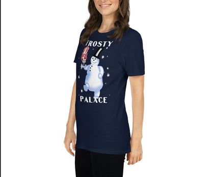 Woman Wearing Graphic T-Shirt of Grease Movie Frosty Palace Diner Snowman Logo