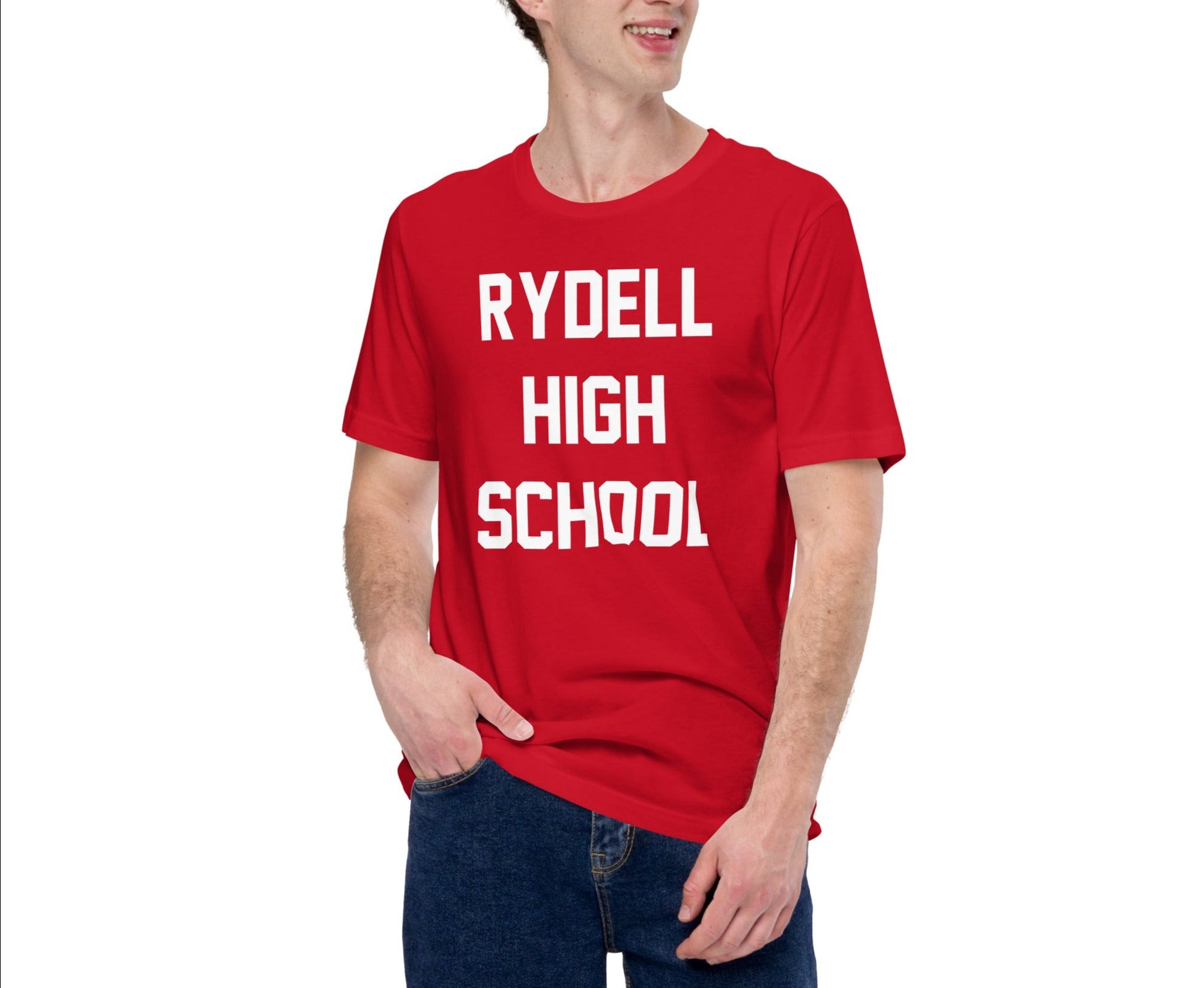 Man Wearing Slogan T-Shirt of Grease Movie Rydell High School Gym Class