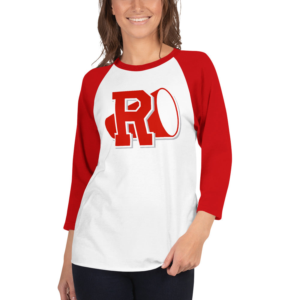 Woman Wearing Graphic Raglan Shirt of Grease Movie Rydell High School Emblem Logo with Megaphone