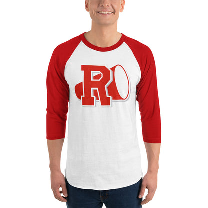 Man Wearing Graphic Raglan Shirt of Grease Movie Rydell High School Emblem Logo with Megaphone