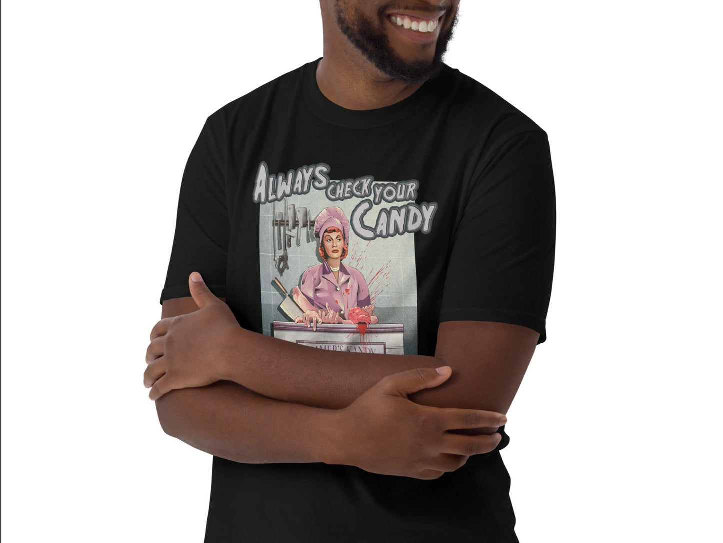 Man Wearing T-Shirt of TV Series I Love Lucy Chocolate Factory Episode Spooky Rendition