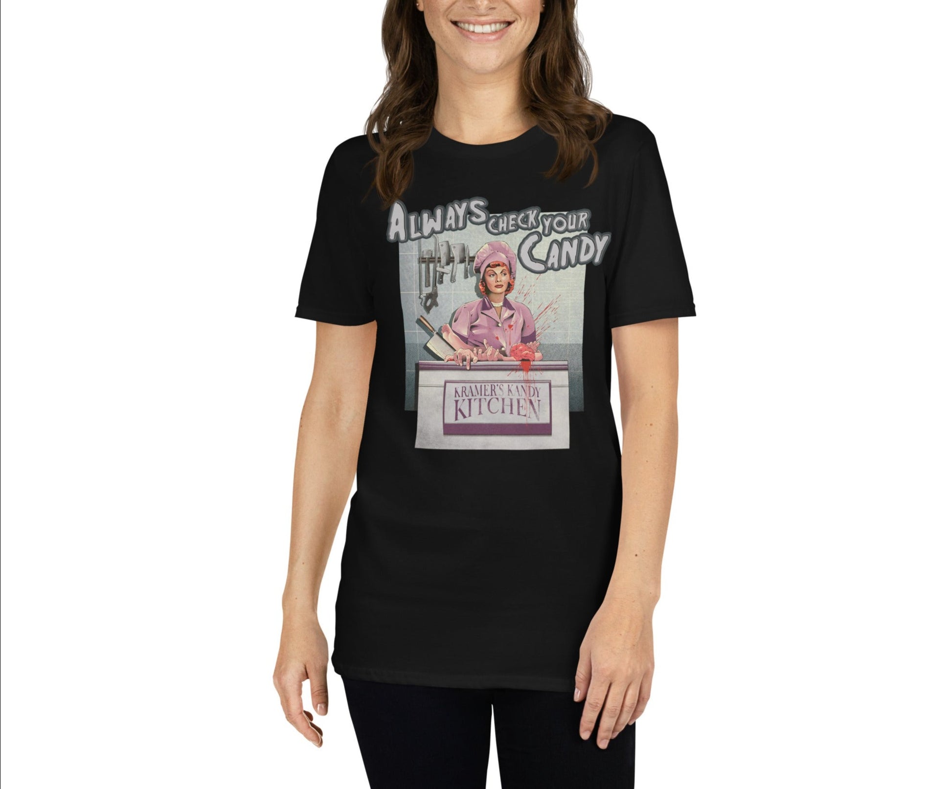 Woman Wearing T-Shirt of TV Series I Love Lucy Chocolate Factory Episode Spooky Rendition