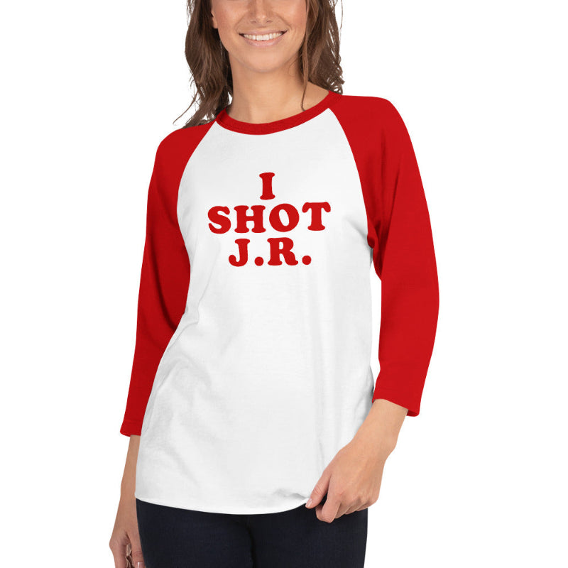 Woman Wearing Red and White Raglan Shirt with Bold Statement Inspired by TV Series Dallas Cliffhanger Who Shot JR