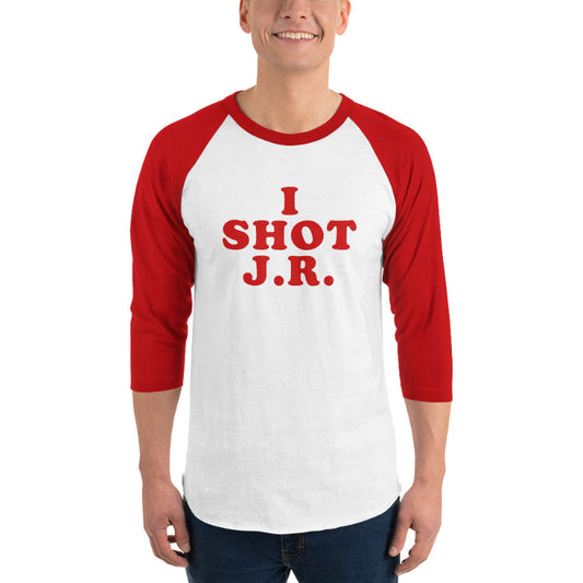 Man Wearing Red and White Raglan Shirt with Bold Statement Inspired by TV Series Dallas Cliffhanger Who Shot JR