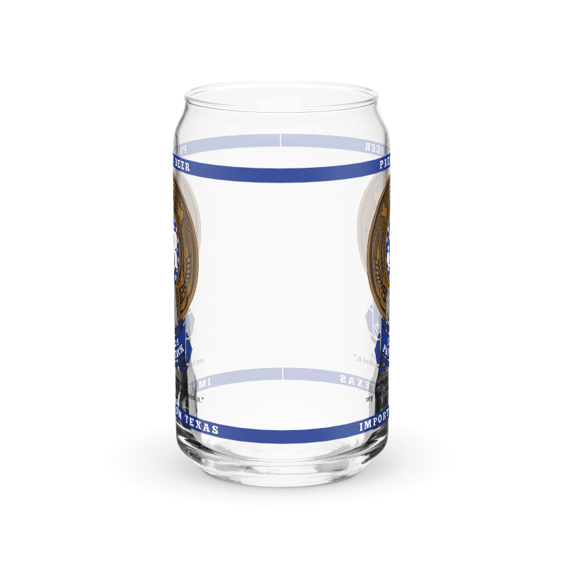 Side View of Beer Can Shaped Glass with JR Ewing Private Stock Beer Logo from TV Series Dallas