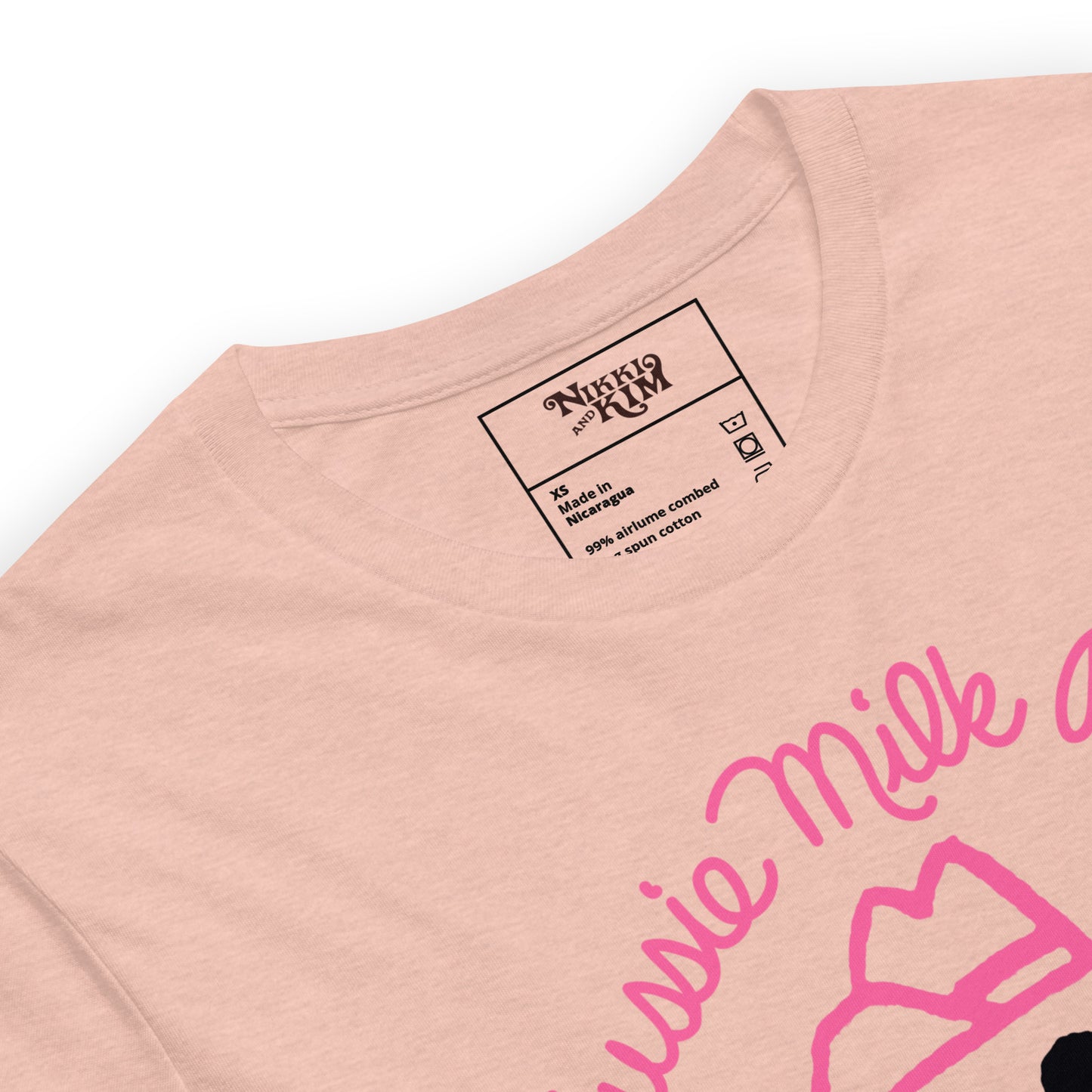 Peach-Colored Graphic T-Shirt with Koala Blue Aussie Milk Bar Logo Inspired by Olivia Newton-John’s 1980’s Clothing Brand