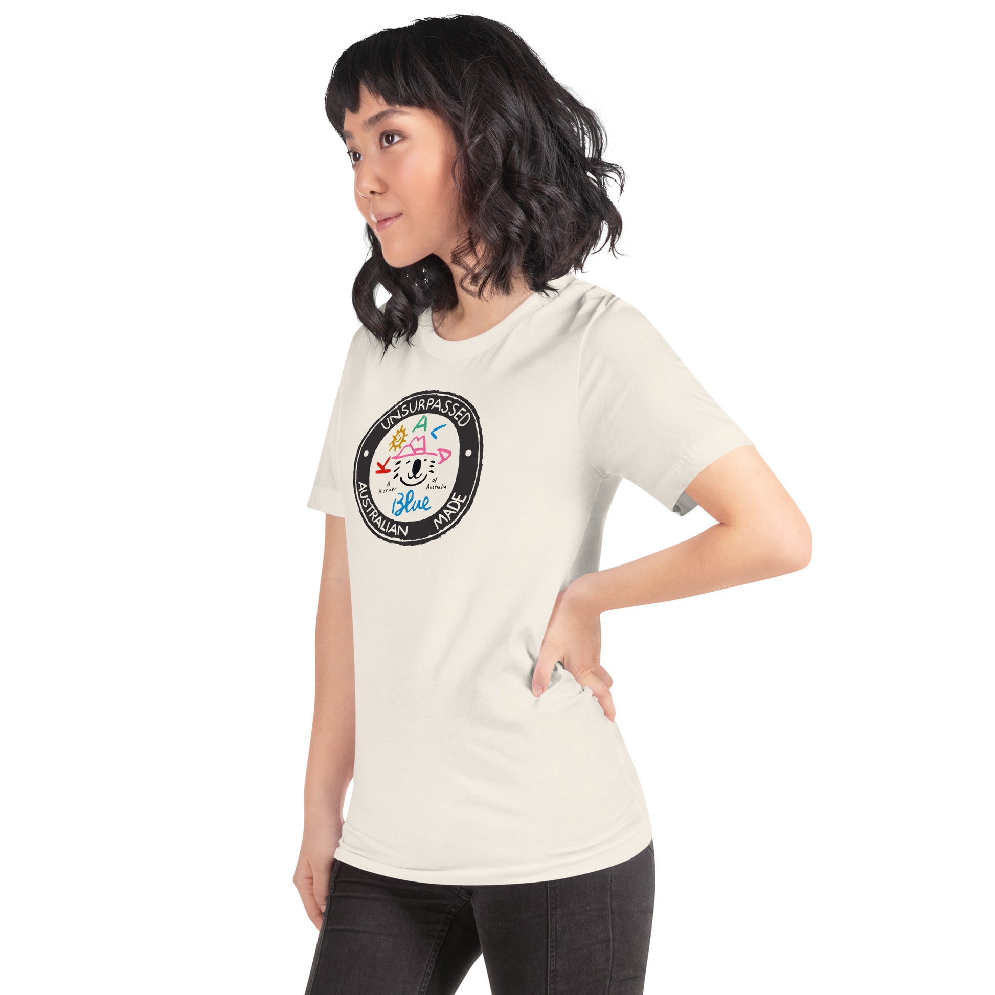 Woman Wearing Graphic T-Shirt with Koala Blue Unsurpassed Australian Made Inspired by Olivia Newton-John’s 1980’s Clothing Brand