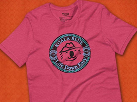 Graphic T-Shirt with Koala Blue Life Down Easy Logo Inspired by Olivia Newton-John’s 1980’s Clothing Brand