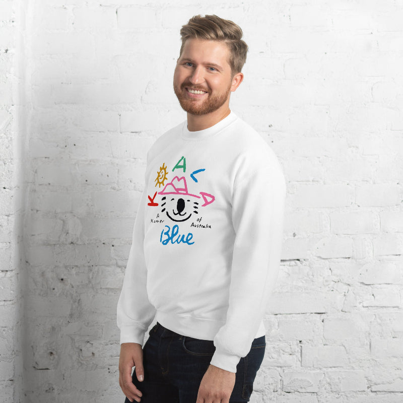 Side View of Man Wearing Graphic Sweatshirt with Koala Blue Logo Inspired by Olivia Newton-John’s 1980’s Clothing Brand