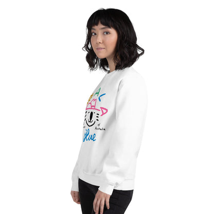 Side View of Woman Wearing Graphic Sweatshirt with Koala Blue Logo Inspired by Olivia Newton-John’s 1980’s Clothing Brand