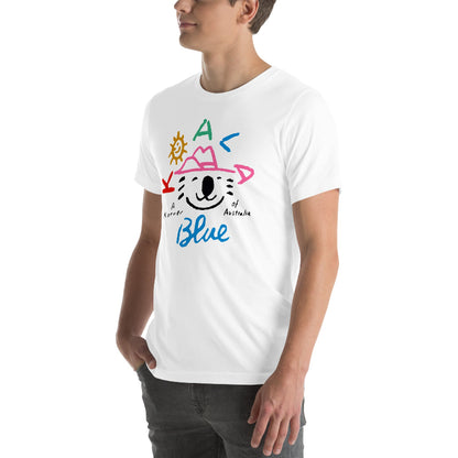 Side View of Man Wearing Graphic T-Shirt with Koala Blue Logo Inspired by Olivia Newton-John’s 1980’s Clothing Brand