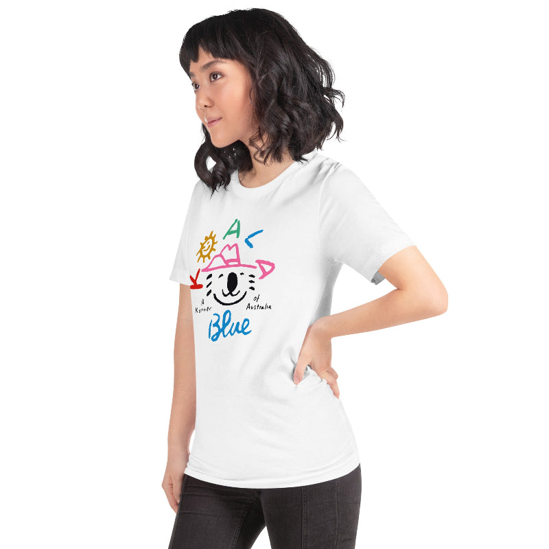 Side View of Woman Wearing Graphic T-Shirt with Koala Blue Logo Inspired by Olivia Newton-John’s 1980’s Clothing Brand