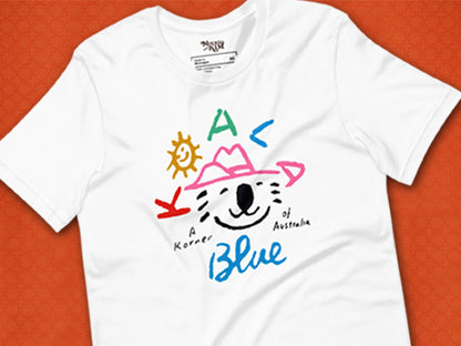 Graphic T-Shirt with Koala Blue Logo Inspired by Olivia Newton-John’s 1980’s Clothing Brand