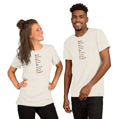 Man and Woman Wearing Graphic T-Shirt with Koala Blue Mission Statement Inspired by Olivia Newton-John’s 1980’s Clothing Brand